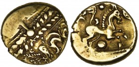 Ancient British, Catuvellauni, Whaddon Chase type gold stater, c. 60-20 BC, portions of laureate head, rev. horse right, 5.72g (ABC 2433; S. 32), very...