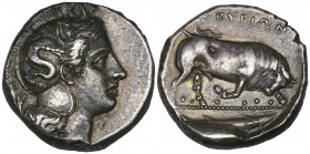 Italy, Lucania, Thurium, distater, c. 360 BC, helmeted head of Athena right with Skylla on bowl of helmet, rev., ΘΟΥΡΙΩΝ, bull butting right on dotted...