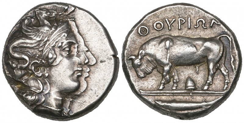 Italy, Lucania, Thurium, didrachm, c. 350 BC, helmeted head of Athena right with...