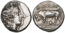 Italy, Lucania, Thurium, didrachm, c. 350 BC, helmeted head of Athena right with hippocamp on bowl of helmet, rev., ΘΟΥΡΙΩΝ, bull butting left; below,...
