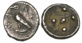 Sicily, Akragas, pentonkion, c. 470-450 BC, AKPA, eagle standing left, rev., five pellets, 0.18g (Westermark 516; SNG ANS 996), very fine, rare (with ...
