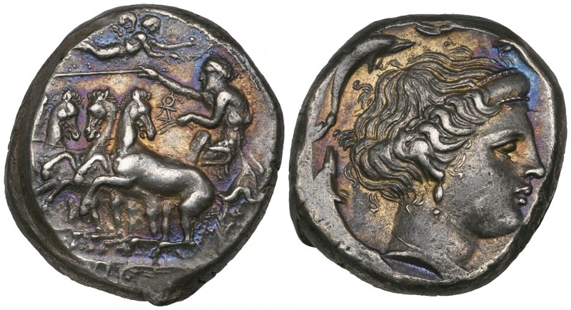 Sicily, Panormus, tetradrachm, c. 350 BC, quadriga driven left; sign of Tanit in...