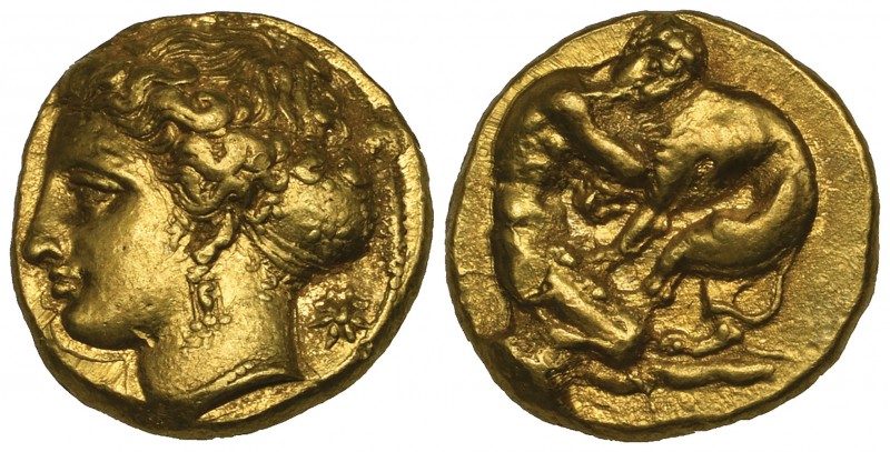 Sicily, Syracuse, gold 100 litrai, c. 400 BC, head of Arethusa left; behind, sta...
