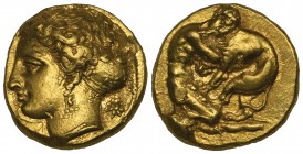 Sicily, Syracuse, gold 100 litrai, c. 400 BC, head of Arethusa left; behind, star, rev., Herakles and the Nemean Lion in combat, 5.79g (Bérend 17; SNG...