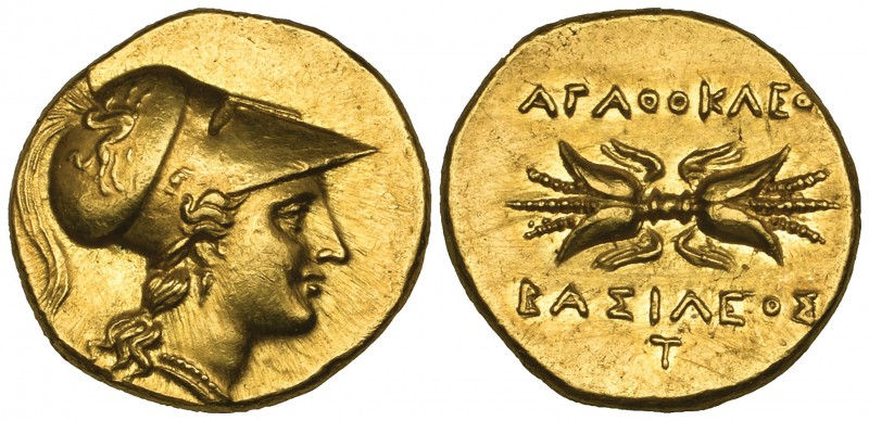 Sicily, Syracuse, Agathokles (317-289 BC), gold double decadrachm, helmeted head...