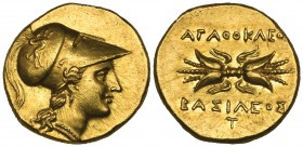 Sicily, Syracuse, Agathokles (317-289 BC), gold double decadrachm, helmeted head of Athena right, rev., ΑΓΑΘΟΚΛΕΟΣ - ΒΑΣΙΛΕΟΣ above and below thunderb...