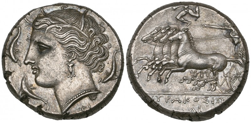 Sicily, Syracuse, Agathokles (317-289 BC), tetradrachm, wreathed head of Arethus...