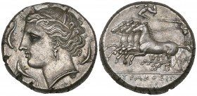 Sicily, Syracuse, Agathokles (317-289 BC), tetradrachm, wreathed head of Arethusa left surrounded by three dolphins; below, ΦI, rev., quadriga driven ...