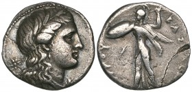 Sicily, Syracuse, Pyrrhus (278-275 BC), 5 litrai, wreathed head of Persephone right; star behind, rev., Athena Alkidemos advancing left, 5.35g (cf. SN...