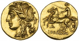 Sicily, Syracuse, Hieron II (275-215 BC), gold decadrachm, wreathed head of Persephone left; cornucopia behind, rev., ΙΕΡΩΝΟΣ, biga driven left; below...