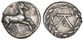 Sicily, Tauromenium, litra, c. 350 BC, free horse galloping right, rev., TA monogram in wreath, 0.69g (SNG ANS [Campani] 1233; Weber 1260), about extr...