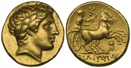 Kings of Macedon, Philip II (359-336 BC), gold stater, Amphipolis, c. 323-315 BC, laureate head of Apollo right, rev., ΦΙΛΙΠΠΟΥ, biga driven right; K ...