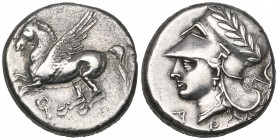 Corinthia, Corinth, stater, 4th century BC, Pegasus left, rev., head of Athena left in laureate helmet; to left, A-P; behind head, plough, 8.47g (Rave...