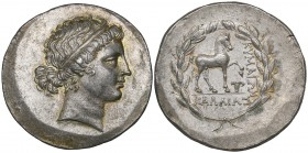 Aeolis, Kyme, tetradrachm, c. 150 BC, diademed head of the Amazon Kyme right, rev., ΚΥΜΑΙΩΝ, horse standing right with left foreleg raised above vase;...