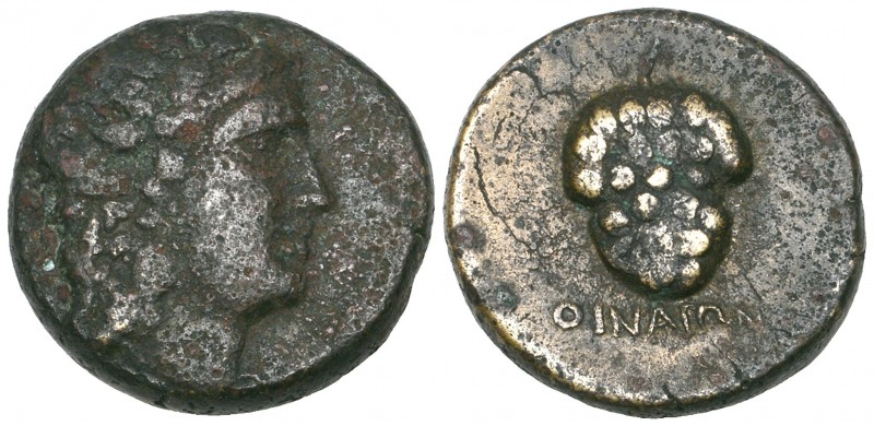 Ikaria, Oinoe, Ae 18mm, 3rd century BC, head of young Dionysos right, rev., OINA...