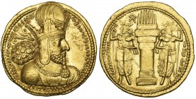 Sasanian, Shapur I (AD 241-260), gold dinar, crowned bust right surmounted by korymbos, rev., fire altar and attendants, 7.40g (Saeedi AV5; Sunrise 74...