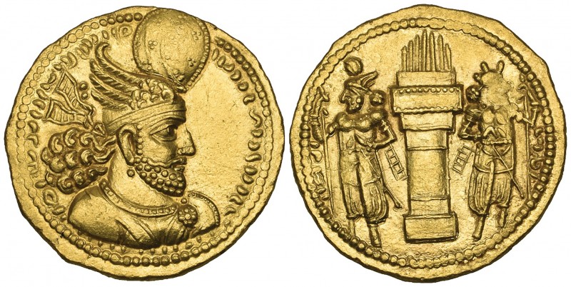 Sasanian, Vahram II (276-293), gold dinar, bust right wearing crown with upturne...