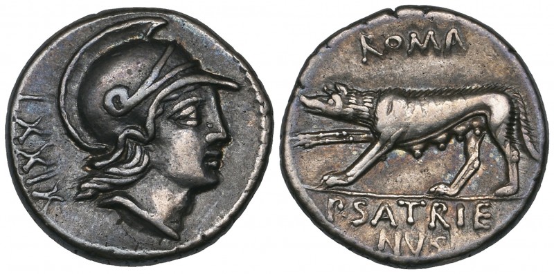 Roman Republic, P. Satrienus, denarius, 77 BC, LXXIX, head of Roma right, rev., ...