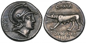 Roman Republic, P. Satrienus, denarius, 77 BC, LXXIX, head of Roma right, rev., ROMA, she-wolf left; in ex., P. SATRIE/NVS, 3.92g (Cr. 388/1; Syd. 781...