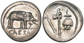Julius Caesar, denarius, 49-48 BC, CAESAR, elephant trampling serpent, rev., sacrificial instruments, 3.76g (Cr. 443/1; Syd. 1006), slightly off centr...