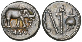Julius Caesar, denarius, 49-48 BC, CAESAR, elephant trampling serpent, rev., sacrificial instruments, 3.94g (Cr. 443/1; Syd. 1006), minor marks, about...