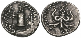 Sextus Pompey, denarius, 40-39 BC, Sicilian mint, MAG PIVS IMP ITER, the Pharos of Messana surmounted by statue of Neptune and with galley in foregrou...