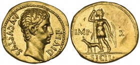 Augustus (27 BC-AD 14), aureus, Lyon, 15-13 BC, AVGVSTVS DIVI F, bare head right, rev., IMP X SICIL, Diana standing, holding spear and bow and with do...