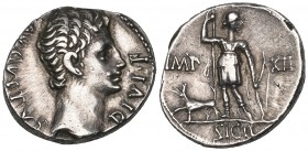 Augustus (27 BC-AD 14), denarius, Lyon, 11-10 BC, AVGVSTVS DIVI F, bare head right, rev., IMP XII SICIL, Diana standing, holding spear and bow and wit...