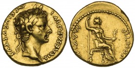 Tiberius (14-37), aureus, Lyon, 18-35, TI CAESAR DIVI AVG F AVGVSTVS, laureate head right, rev., PONTIF MAXIM, Pax-Livia seated right holding sceptre ...