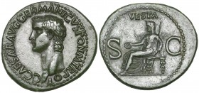 Caligula (37-41), as, Rome, 37-38, C CAESAR AVG GERMANICVS PON M TR POT, bare head left, rev., VESTA S C, Vesta seated left on ornamental throne, hold...