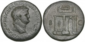 Nero (54-68), sestertius, Lyon, NERO CLAVD CAESAR AVG GER P M TR P IMP P (sic), laureate head right on globe, rev., S C, triumphal arch, 33.00g (cf. R...