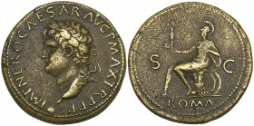 Nero (54-68), sestertius, Lyon, IMP NERO CAESAR AVG P MAX TR P P P, laureate head left on globe, rev., ROMA S C, Roma seated left on cuirass, holding ...