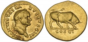 Vespasian (69-79), aureus, Rome, 75, IMP CAESAR VESPASIANVS AVG, laureate head right, rev., COS VI, bull butting right, 7.16g (RIC 768; BMC 159-160; C...
