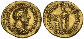 Marcus Aurelius (161-180), aureus, Rome, 162, IMP M AVREL ANTONINVS AVG P M, bust right, drapery seen from behind, rev., SALVTI AVGVSTOR TR P XVI COS ...