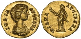 Julia Domna, wife of Septimius Severus, aureus, Rome, undated, IVLIA AVGVSTA, draped bust right, rev., DIANA LVCIFERA, Diana standing left holding lon...