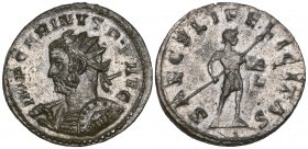 Carinus (283-285), antoninianus, Lyon, 283-284, IMP CARINVS P F AVG, radiate bust left with spear and shield, rev., SAECVLI FELICITAS, emperor standin...
