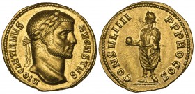 Diocletian (284-305), aureus, Cyzicus, 291, DIOCLETIANVS AVGVSTVS, laureate head right, rev., CONSVL IIII P P PRO COS, Diocletian standing left holdin...