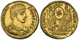 Julian II, as Caesar (355-360), solidus, Antioch, D N IVLIANVS NOB CAES, bare-headed, draped and cuirassed bust right, rev., GLORIA REIPVBLICAE, Roma ...