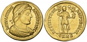 Valentinian I (364-375), solidus, Cyzicus, 364-365, D N VALENTINIANVS P F AVG, diademed bust right, rev., RESTITVTOR REIPVBLICAE, emperor standing rig...