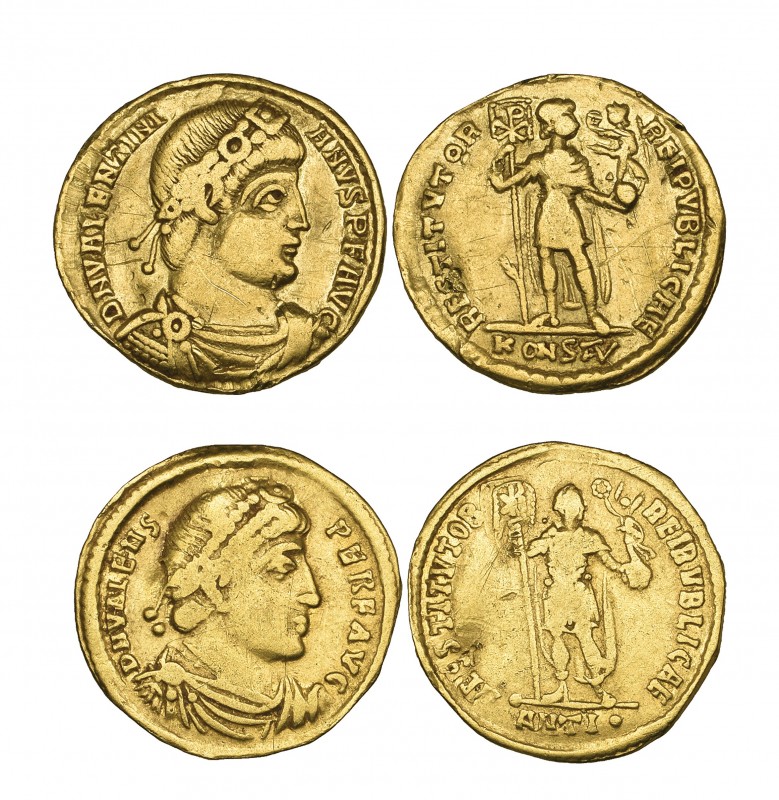 Valentinian I (364-375), solidus, Arles, 365, rev., emperor standing; in ex., KO...