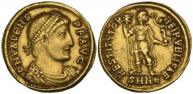 Valens (364-378), solidus, Nicomedia, 364-367, D N VALENS P F AVG, diademed, draped and cuirassed bust right, rev., RESTITVTOR REIPVBLICAE, emperor st...