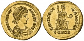 Valentinian II (375-392), solidus, Constantinople, 388-392, D N VALENTINIANVS P F AVG, diademed, draped and cuirassed bust right, rev., CONCORDIA AVGG...