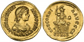 Valentinian II (375-392), solidus, Constantinople, 388-392, D N VALENTINIANVS P F AVG, diademed, draped and cuirassed bust right, rev., CONCORDIA AVGG...