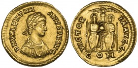 Valentinian II (375-392), solidus, Northern Italy, 380-385, D N VALENTINIANVS P F AVG, pearl-diademed, draped and cuirassed bust right, rev., VICTORIA...