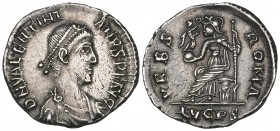 Valentinian II (375-392), siliqua, Lyon, 388-392, D N VALNTINIANVS P F AVG, diademed bust right, rev., VRBS ROMA, Roma seated left; in ex., LVGPS, 2.1...