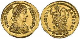 Theodosius I (379-395), solidus, Constantinople, 388-392, D N THEODOSIVS P F AVG, rosette-diademed, draped and cuirassed bust right, rev., CONCORDIA A...