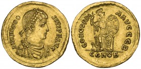 Theodosius I (379-395), solidus, Constantinople, 388-392, D N THEODOSIVS P F AVG, pearl-diademed, draped and cuirassed bust right, rev., CONCORDIA AVG...