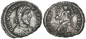 Eugenius (392-394), siliqua, Lyon, D N EVGENIVS P F AVG, diademed bust right, rev., VRBS ROMA, Roma seated left; in ex, [LV]GPS, 1.62g (RIC 46; Bastie...