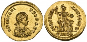 Arcadius (383-408), solidus, Constantinople, 383/5-387, D N ARCADIVS P F AVG, young, diademed, draped and cuirassed bust right, rev., CONCORDIA AVGGGG...