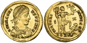 Arcadius (383-408), solidus, Sirmium, 402-408, D N ARCADIVS P F AVG, diademed, draped and cuirassed bust right, rev., VICTORIA AVGGG Γ, emperor standi...